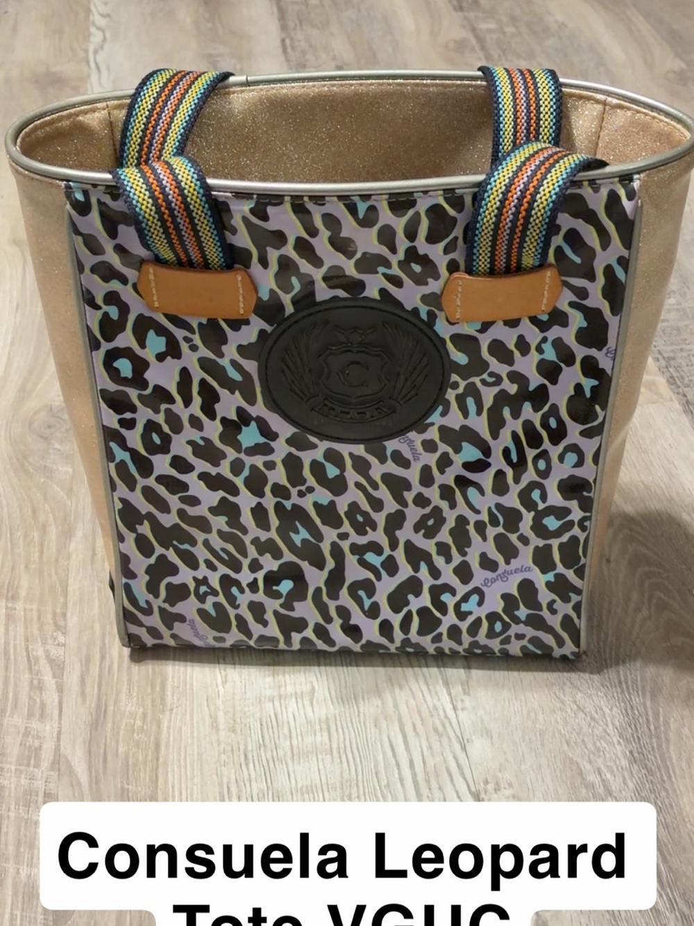 Consuela Leopard Print Tote with Rainbow Straps and Gold Interior